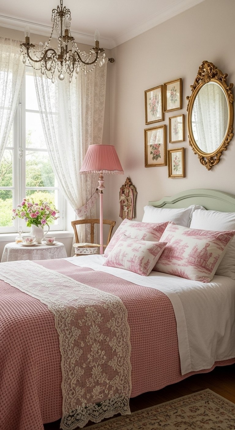 Chambre romantique rose avec miroir doré et lustre en cristal