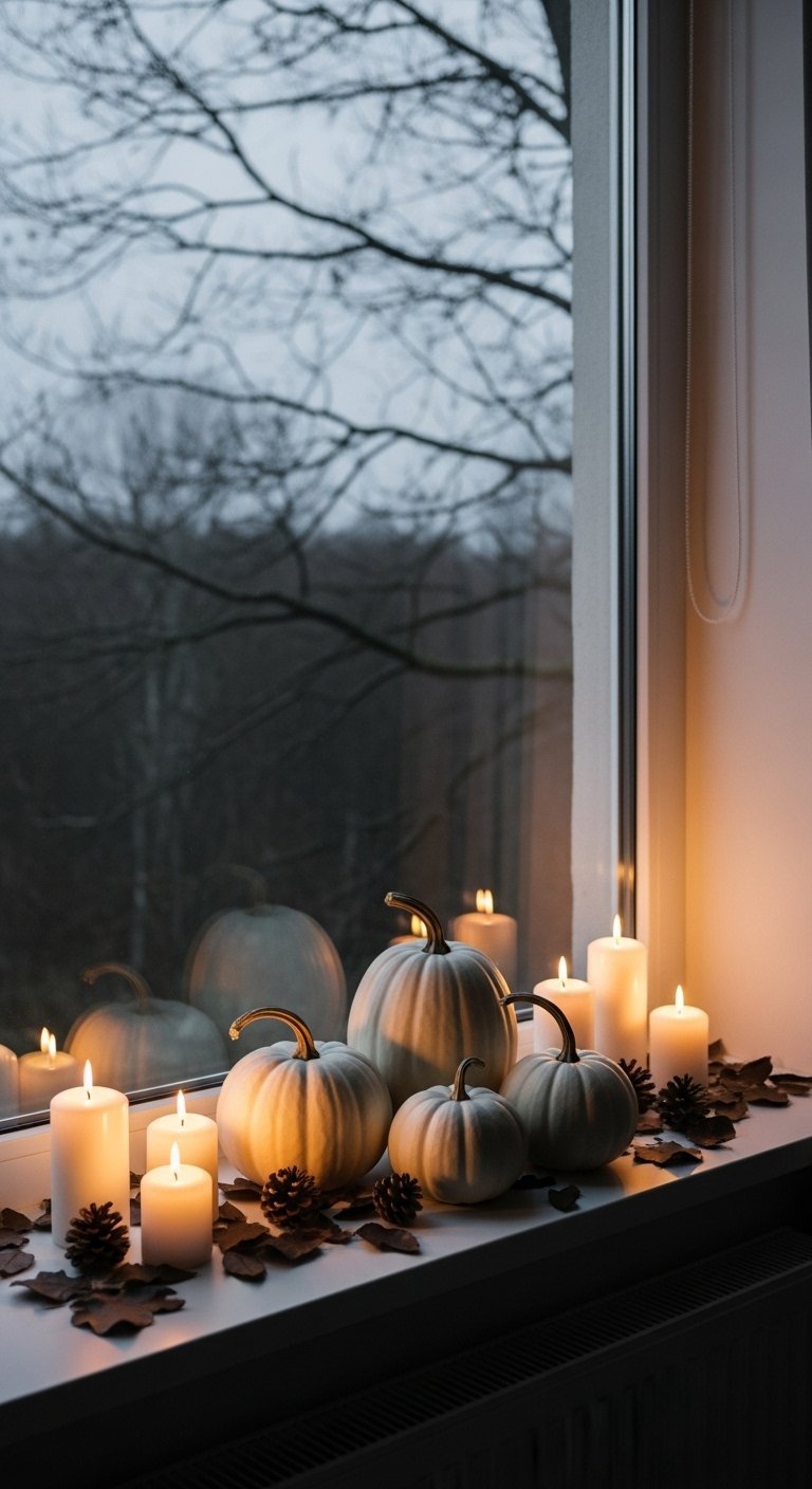 Citrouilles blanches et bougies allumees sur un rebord de fenetre sombre