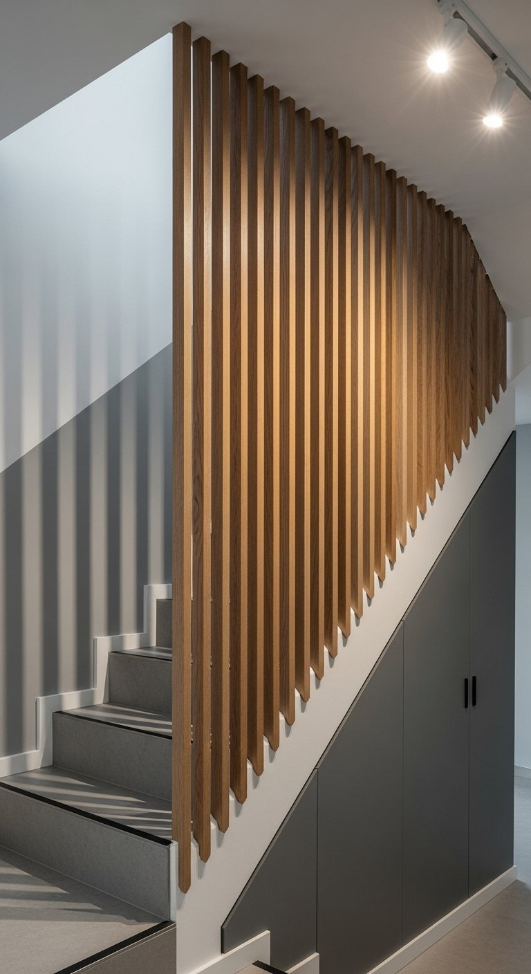 Claustra en bois servant de garde corps pour un escalier moderne