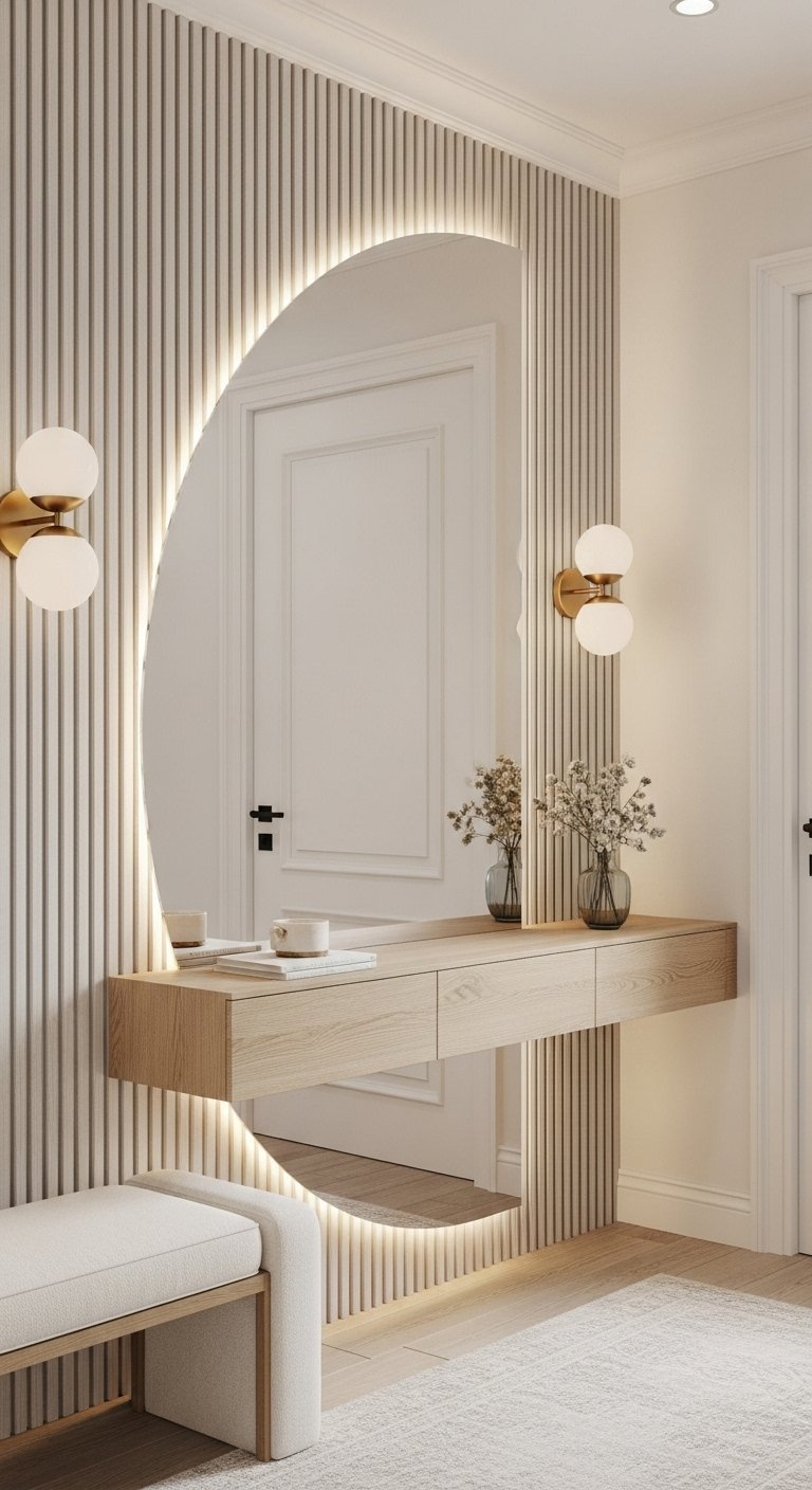 Console flottante en bois clair avec un grand miroir demi lune retroeclaire