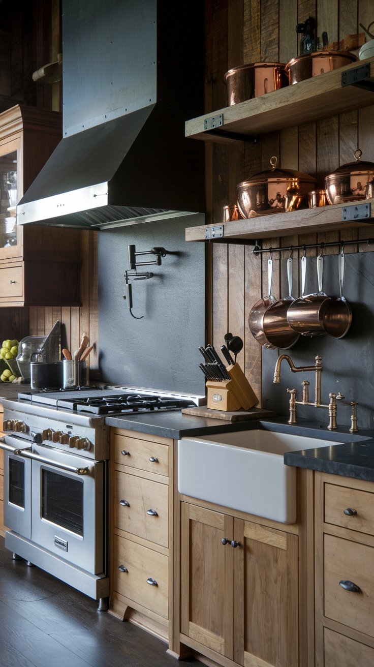 Cuisine industrielle avec casseroles en cuivre et hotte noire