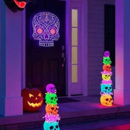 Décoration de porche halloween avec éclairage néon et crânes colorés