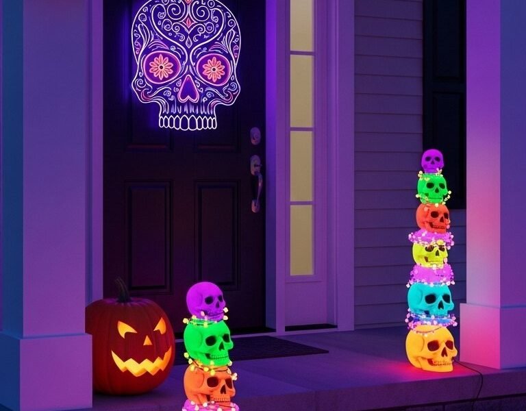 Décoration de porche halloween avec éclairage néon et crânes colorés