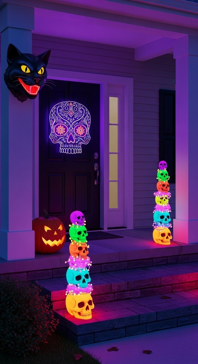 Décoration de porche halloween avec éclairage néon et crânes colorés
