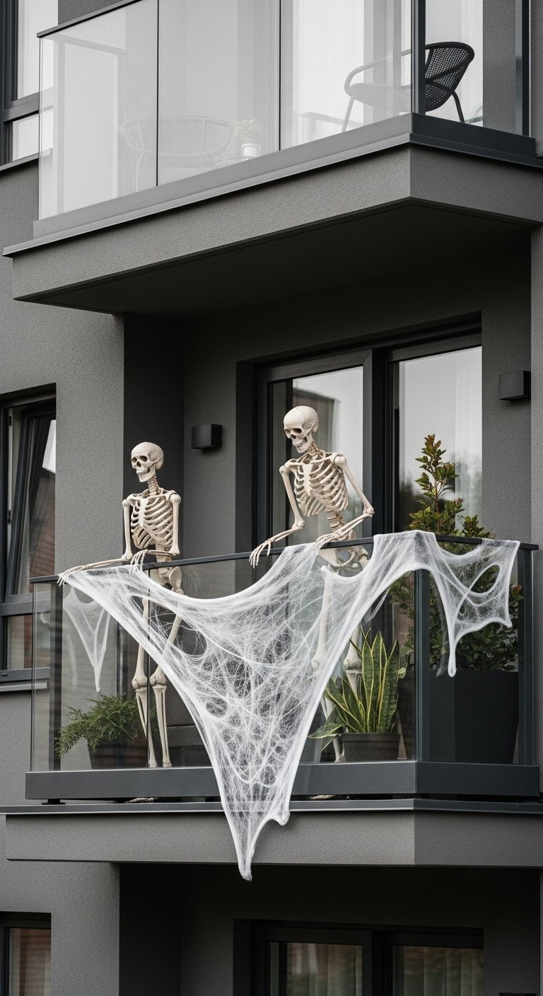 Deux squelettes sur un balcon d appartement tenant une toile d araignee