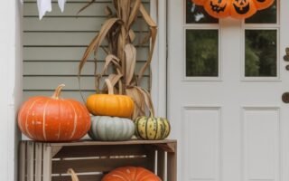 Entrée de maison classique avec des fantômes suspendus et une couronne de citrouilles
