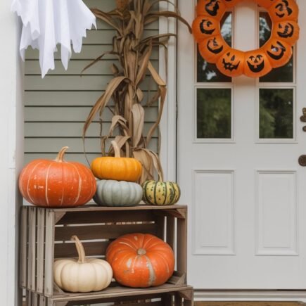 Entrée de maison classique avec des fantômes suspendus et une couronne de citrouilles