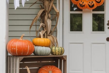 Entrée de maison classique avec des fantômes suspendus et une couronne de citrouilles