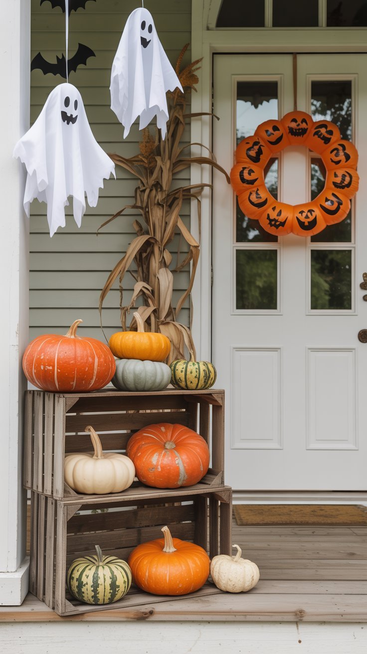Entrée de maison classique avec des fantômes suspendus et une couronne de citrouilles