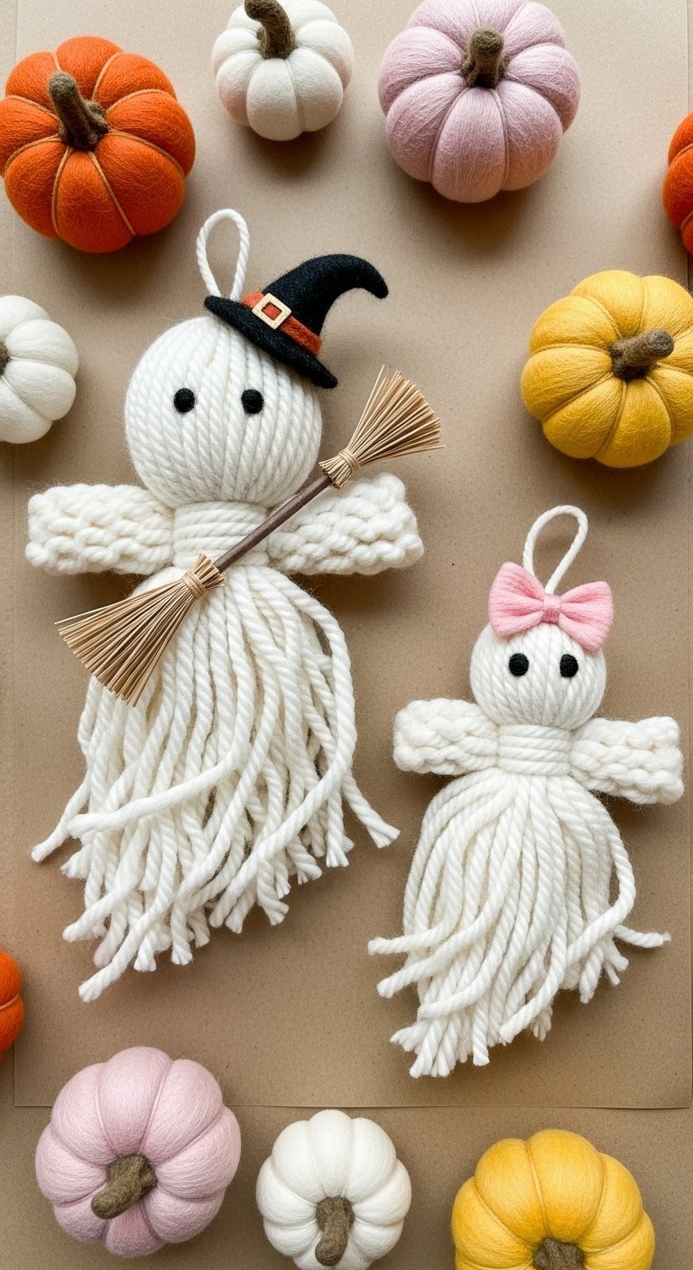 Fantômes décoratifs en laine blanche avec un chapeau de sorcière