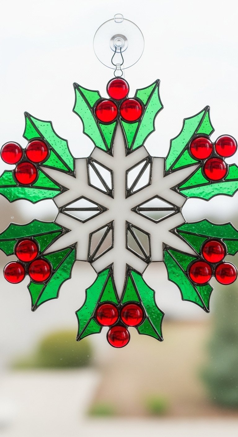 Flocon de neige en vitrail blanc décoré de feuilles de houx vertes et de baies rouges