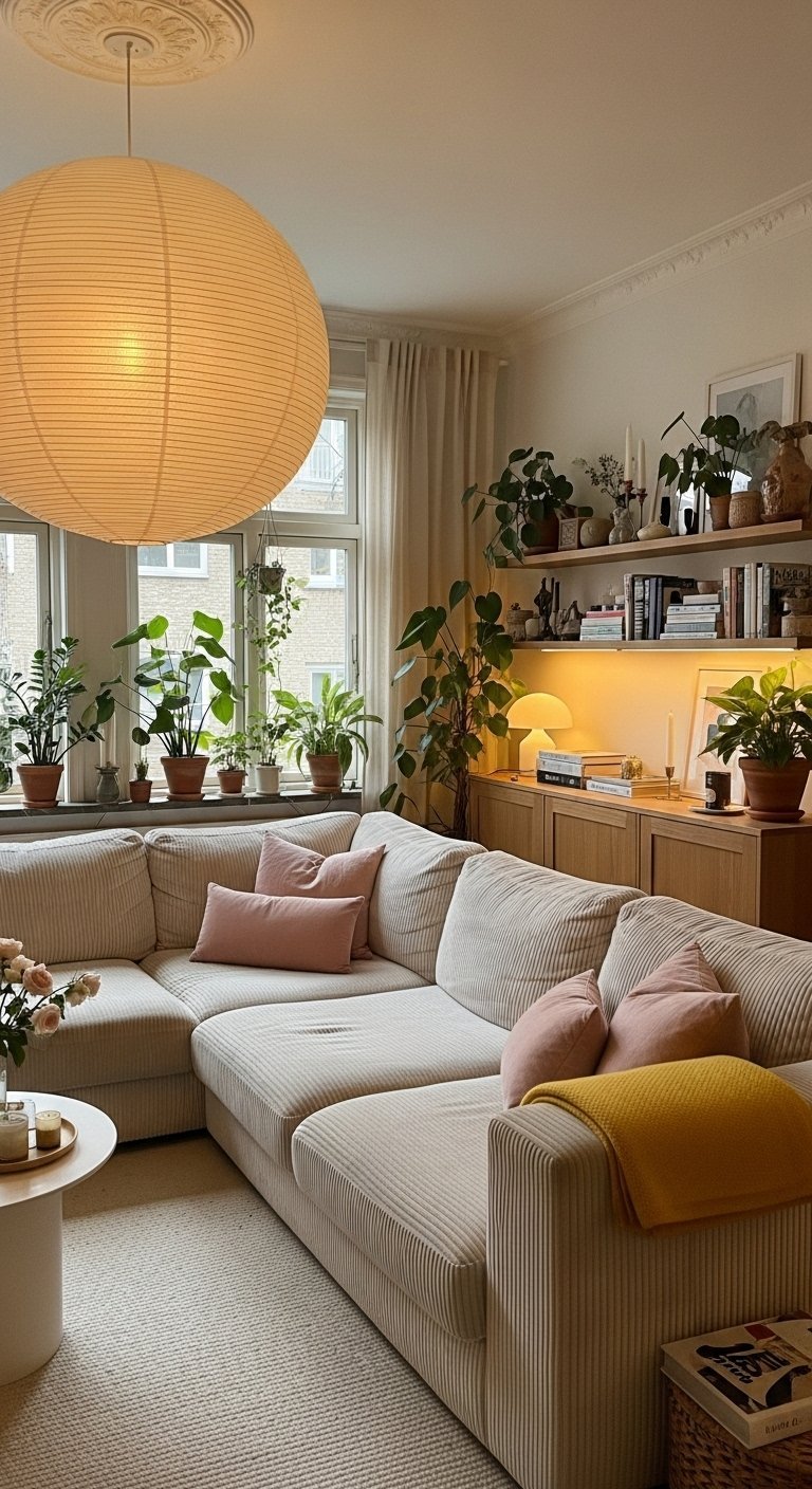 Grand canapé en velours côtelé beige entouré de nombreuses plantes vertes