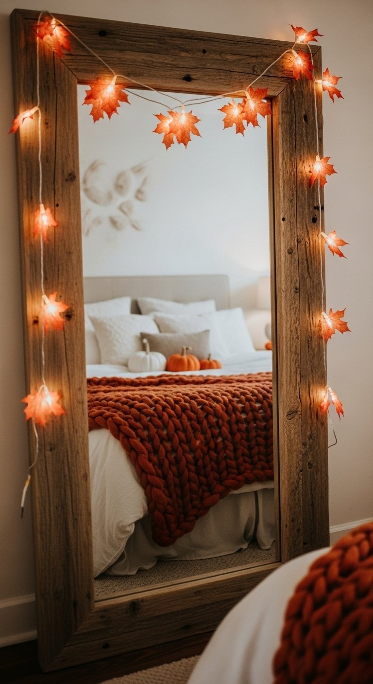 Guirlande lumineuse en forme de feuilles d erable sur un grand miroir en bois