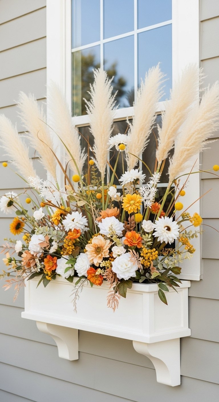 Jardinière de fenêtre blanche remplie d herbes de la pampa et de fleurs d automne