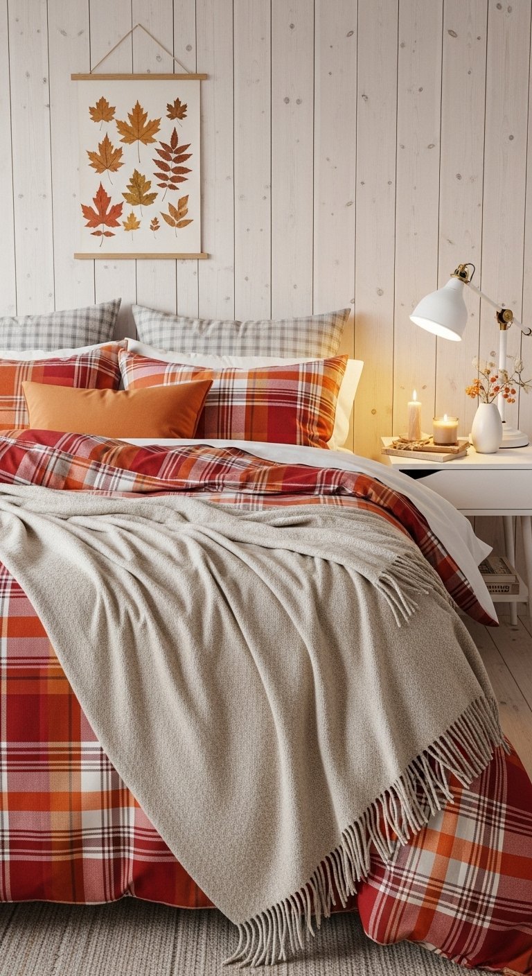Lit avec une parure a carreaux rouge et orange dans une chambre au mur en bois