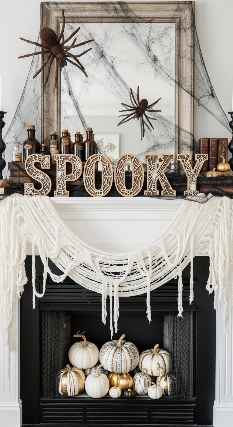 Manteau de cheminee d Halloween avec des araignees et le mot SPOOKY