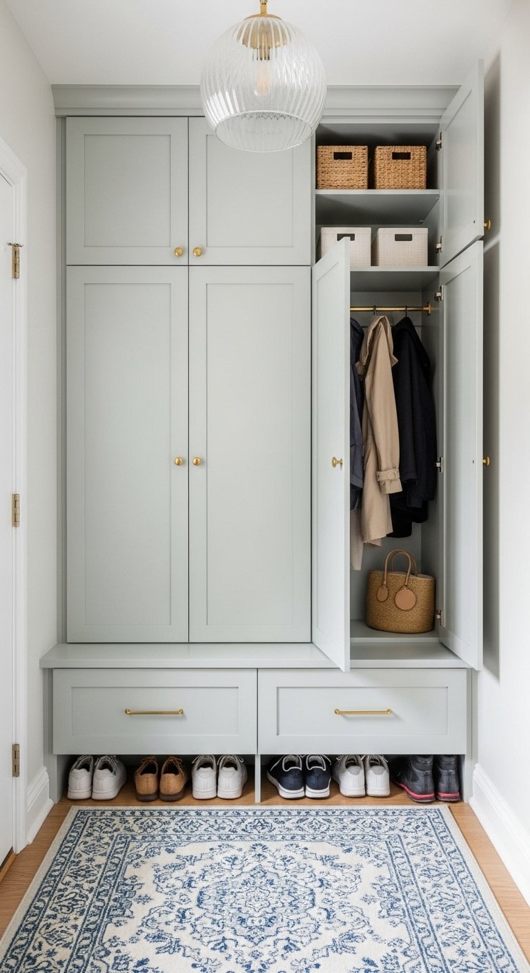 Meuble d entree vert sauge avec banc et rangement ouvert