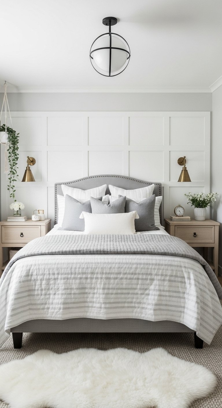 Mur d accent blanc de style board and batten derrière un lit gris