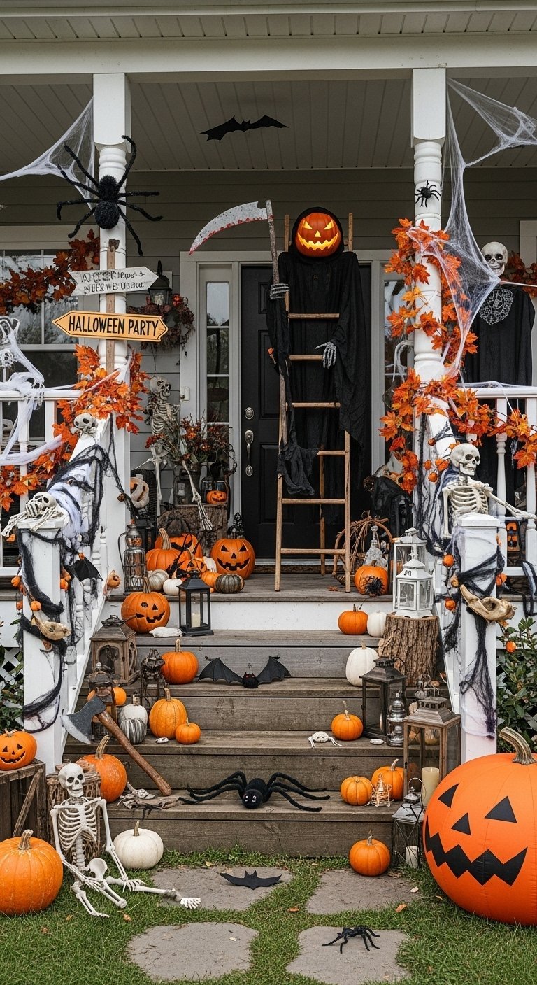 Porche d Halloween effrayant avec squelettes faucheuse et nombreuses citrouilles