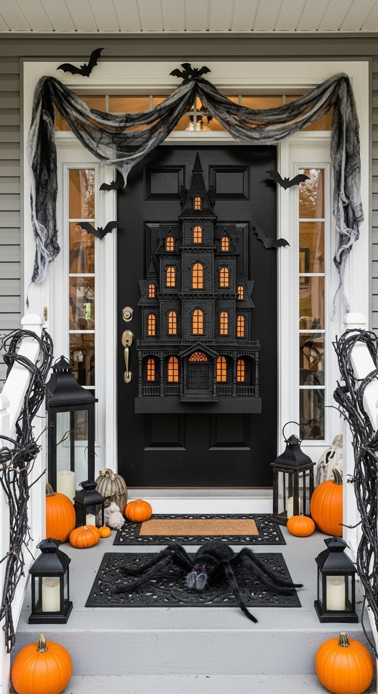 Porte noire avec une décoration de maison hantée illuminée