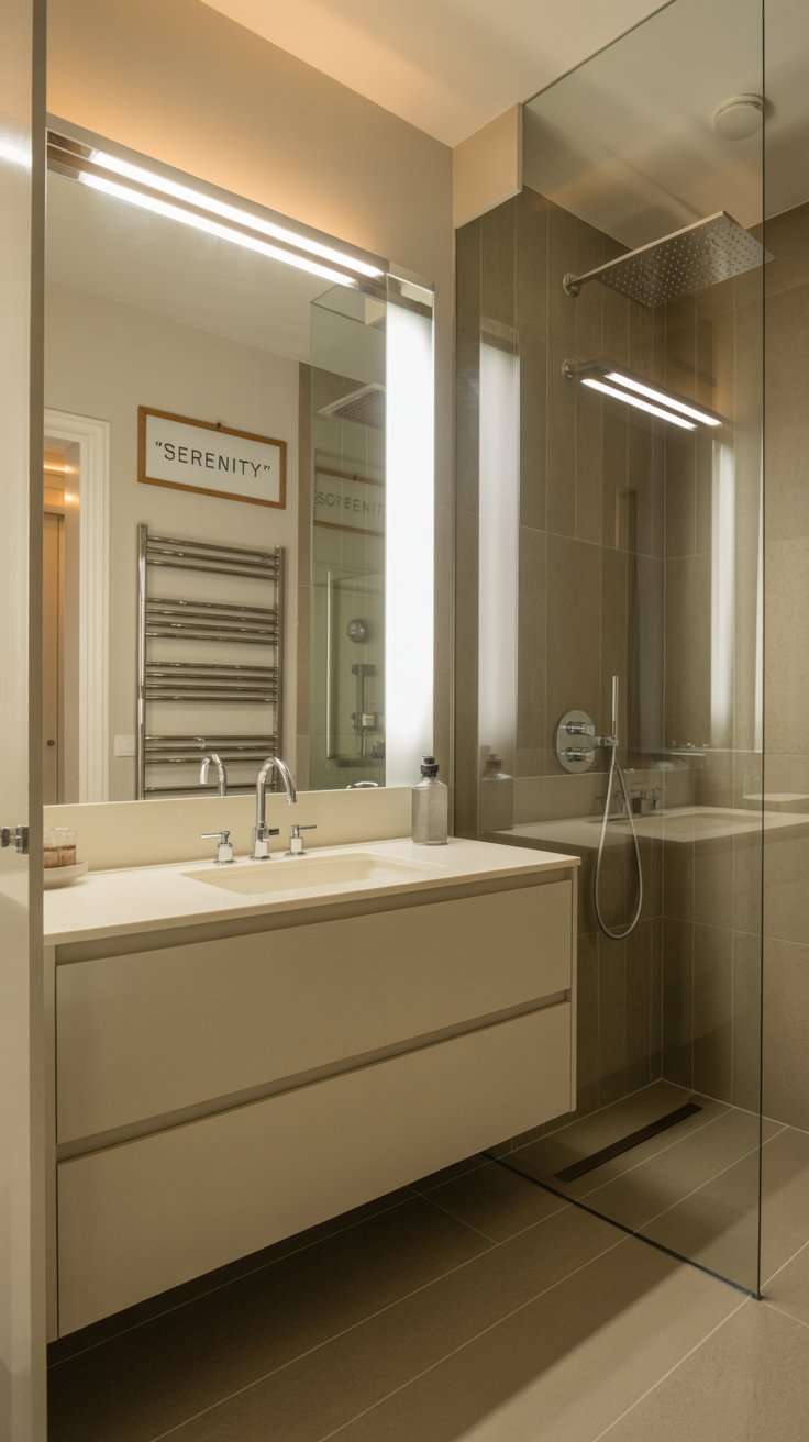 Salle de bain moderne beige avec douche à l italienne et meuble suspendu