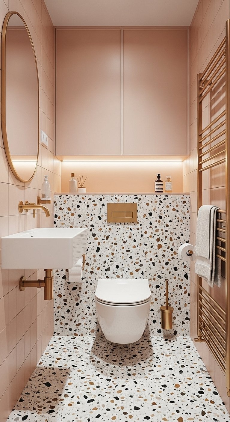 Salle de bain rose avec mur et sol en terrazzo et détails dorés
