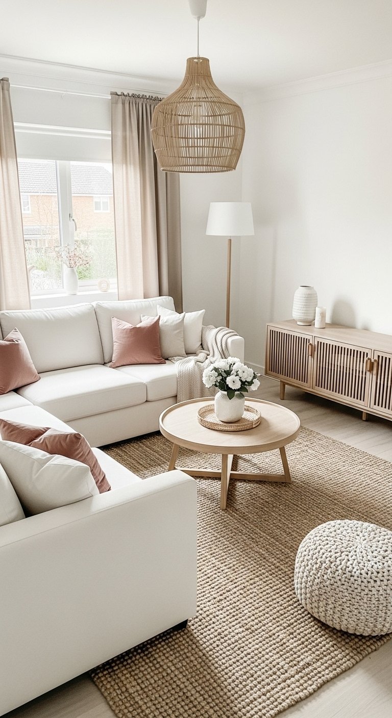 Salon de style scandinave avec tapis en jute et suspension en rotin