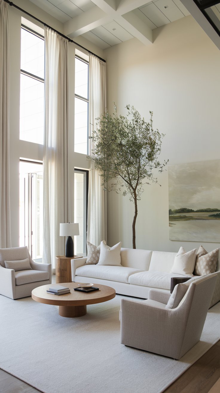 Salon minimaliste avec de hauts plafonds et un canapé blanc près d un olivier en pot
