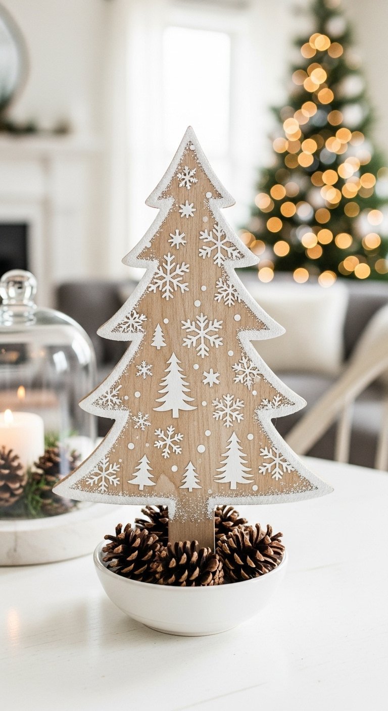 Sapin de Noël décoratif en bois de style scandinave sur une table blanche