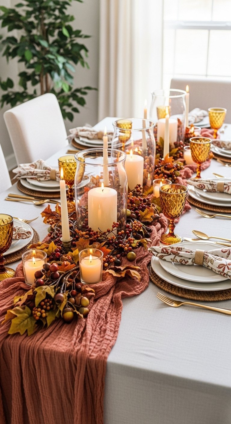 Table de fête automnale avec chemin de table rouille et grands photophores en verre