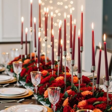 Table de réception formelle avec un centre de table de roses rouges et de bougies bordeaux