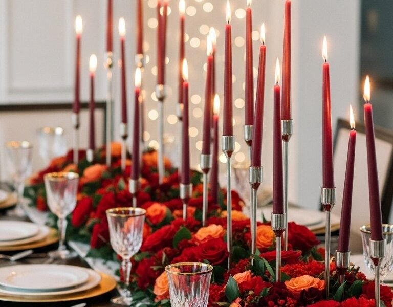 Table de réception formelle avec un centre de table de roses rouges et de bougies bordeaux