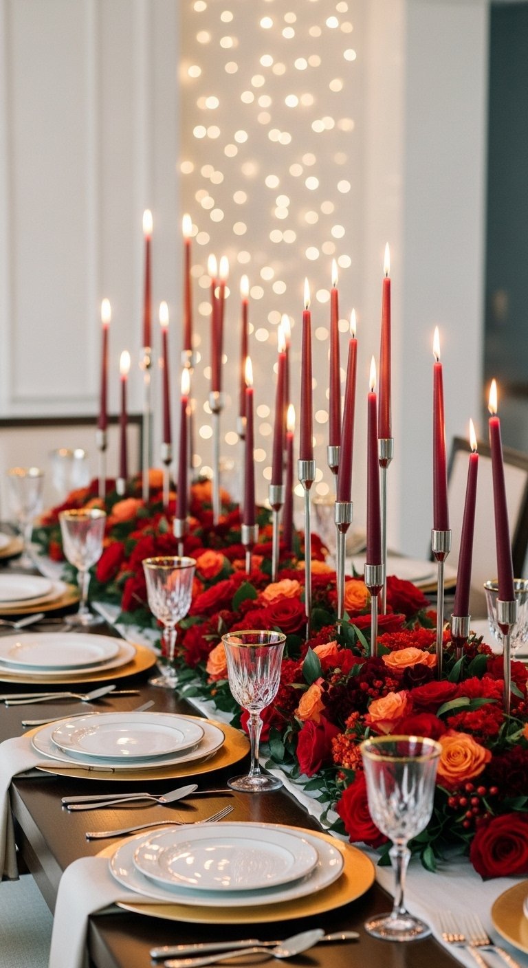 Table de réception formelle avec un centre de table de roses rouges et de bougies bordeaux