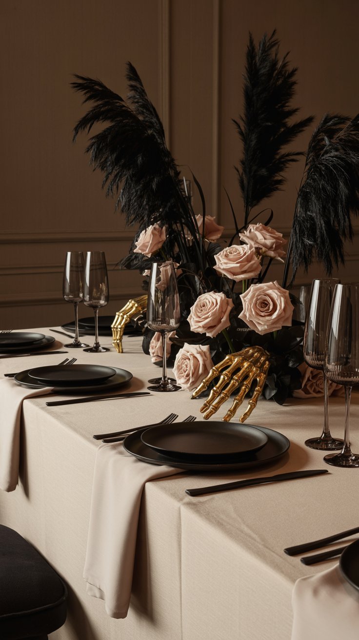 Table dressee avec de la vaisselle noire et des mains de squelette dorees