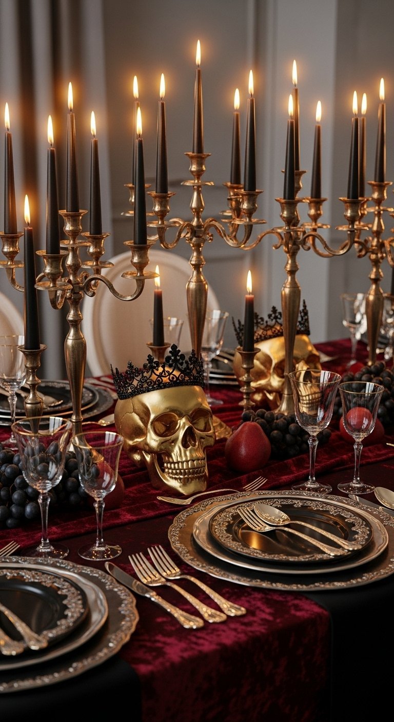 Table halloween luxe avec cranes dores et chandeliers sur nappe velours rouge