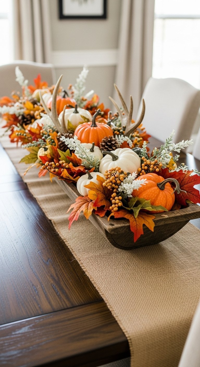 Auge en bois remplie de citrouilles et de feuilles d automne sur une table