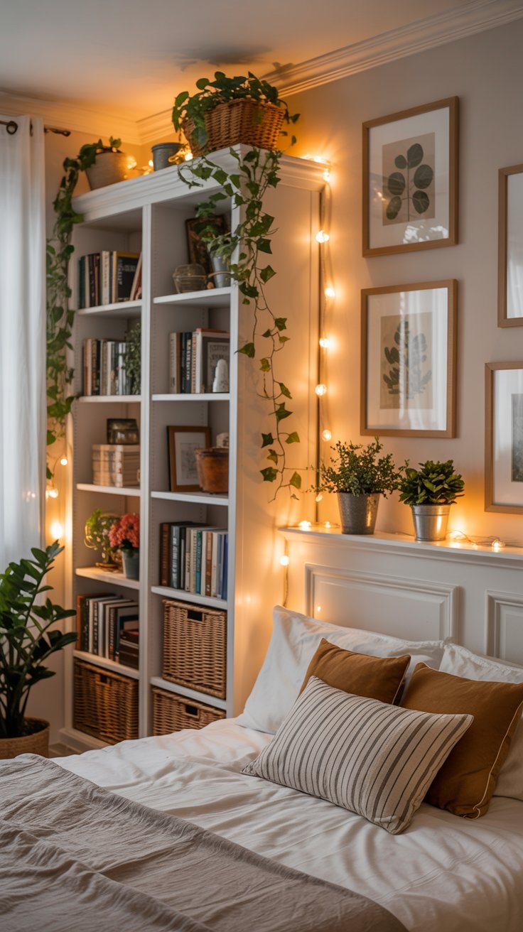 Bibliothèque blanche encadrant un lit décorée de plantes et de lumières