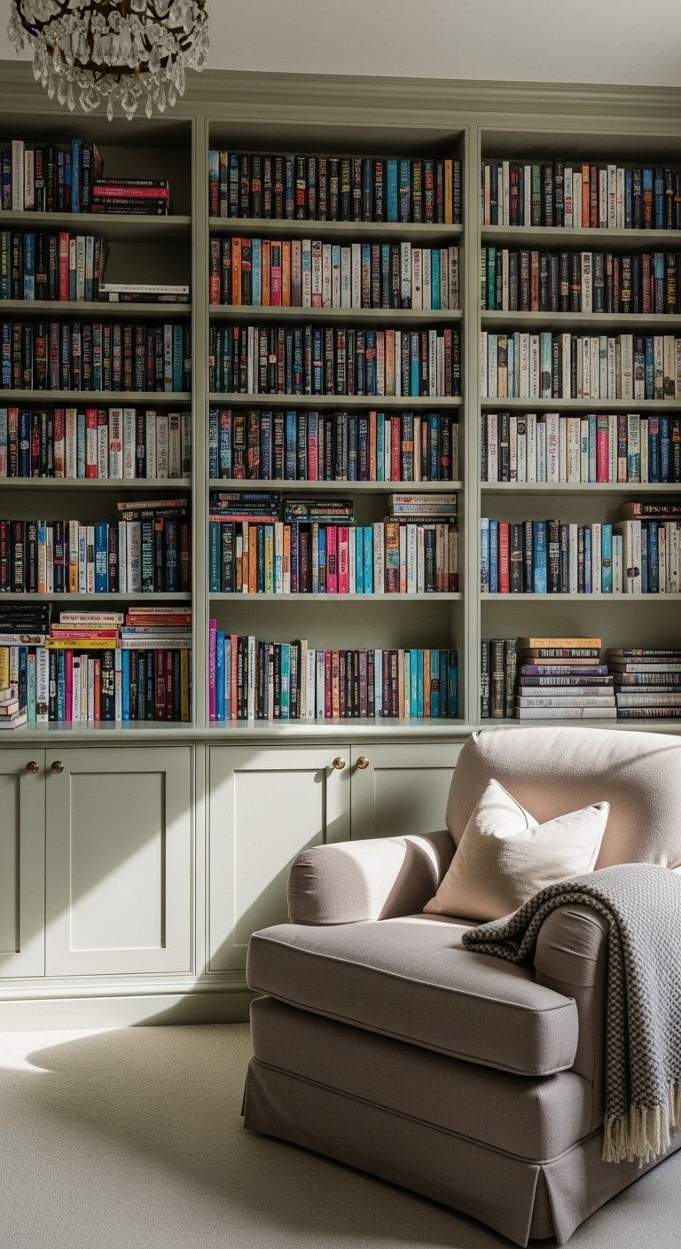 Bibliotheque integree vert sauge avec fauteuil beige confortable