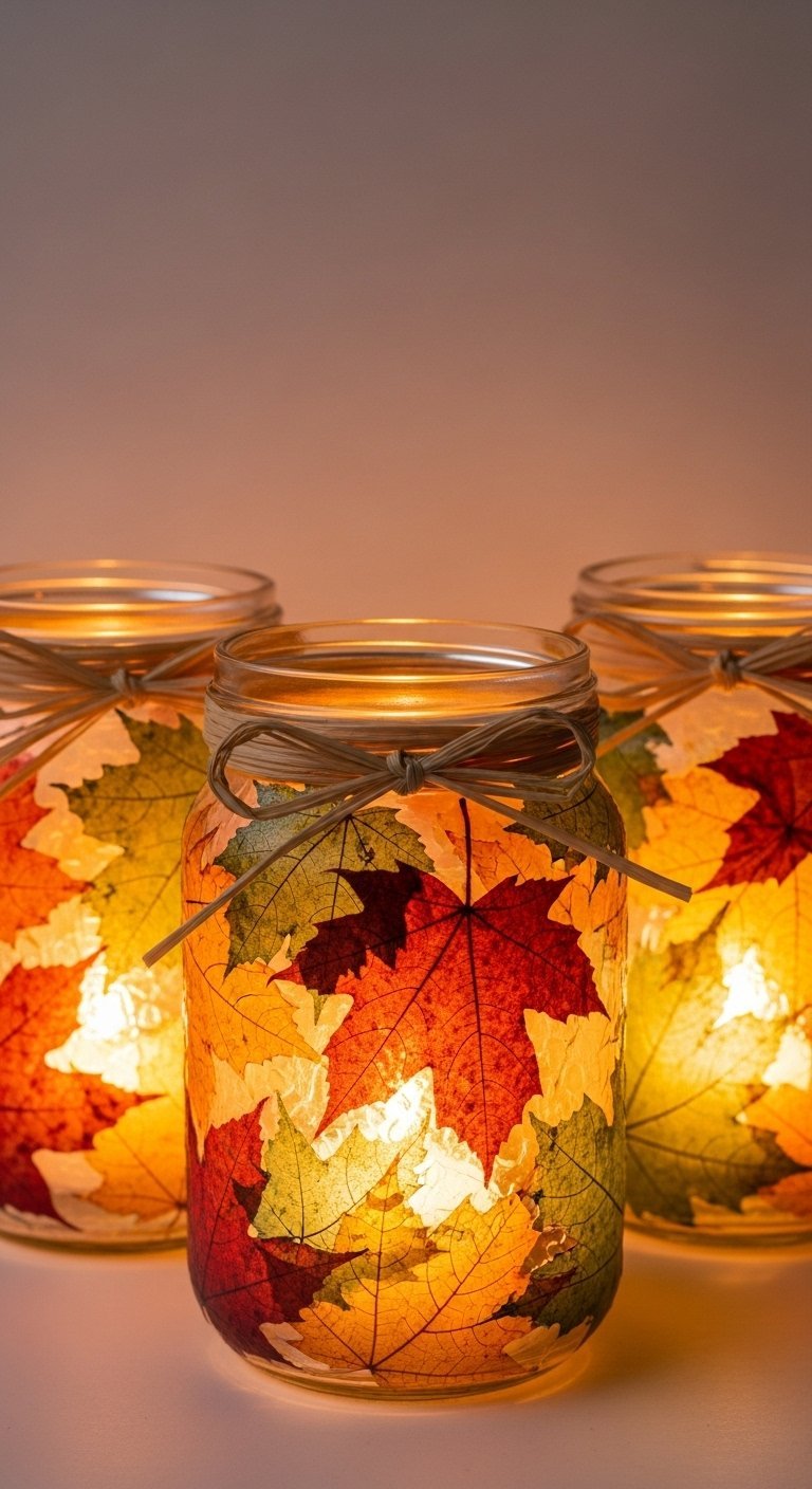 Bocaux en verre transformés en lanternes avec des feuilles d automne colorées