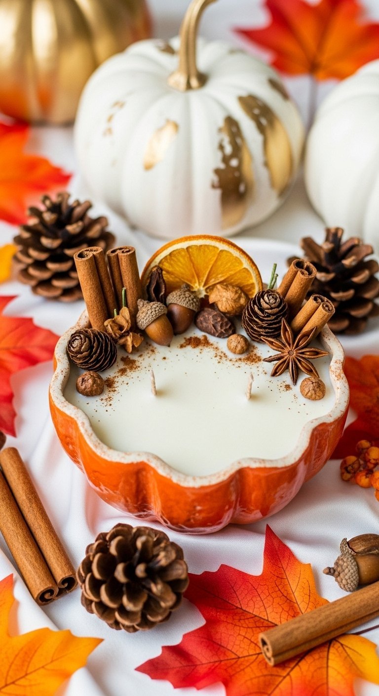 Bougie dans un bol citrouille décorée avec des épices d automne