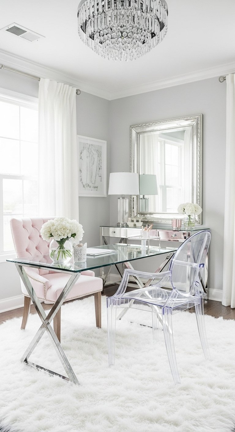 Bureau en verre avec chaise capitonnée rose et chaise fantôme