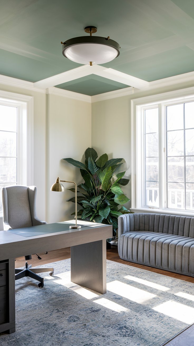 Bureau gris dans une pièce avec plafond vert sauge et grand canapé