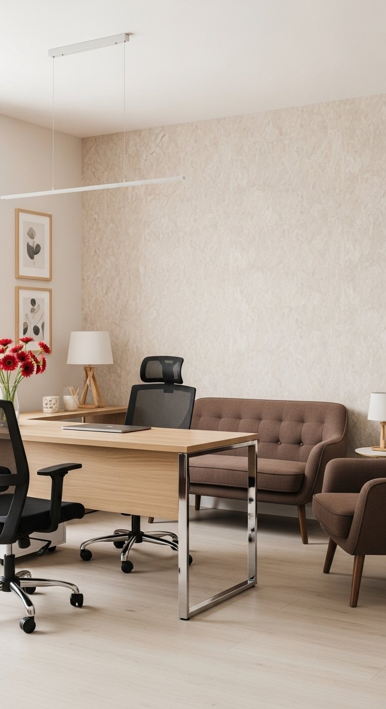 Bureau moderne avec pieds chromés et canapé marron dans un espace de travail élégant