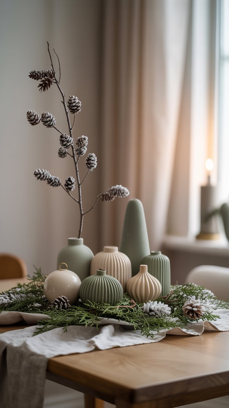 Centre de table moderne avec des vases verts et des branches de pin enneigées