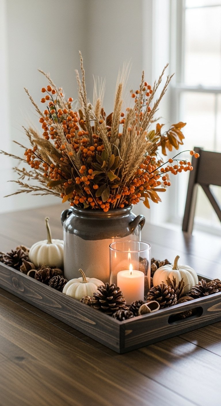 Centre de table rustique avec un vase de baies orange et des petites citrouilles blanches