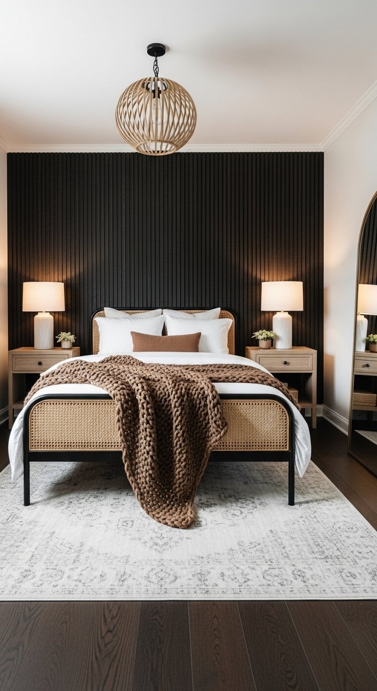 Chambre avec mur d accent en tasseaux de bois noirs et lit en rotin
