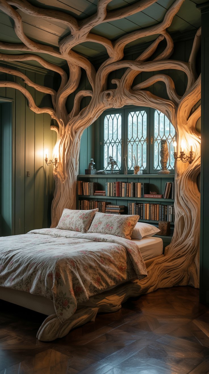 Chambre de vampire luxueuse avec décoration rouge et noire et rideaux en velours