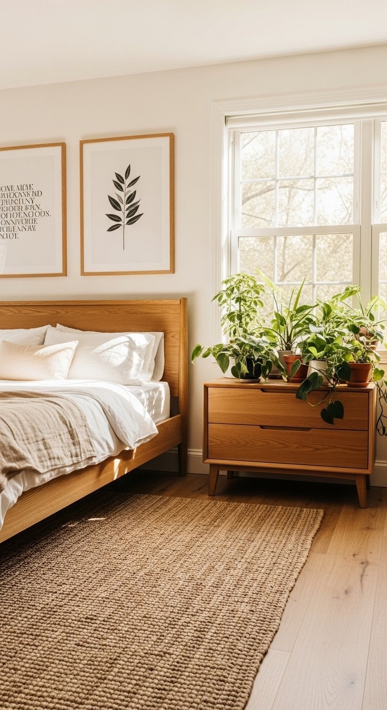 Chambre minimaliste lumineuse avec mobilier en bois et plantes