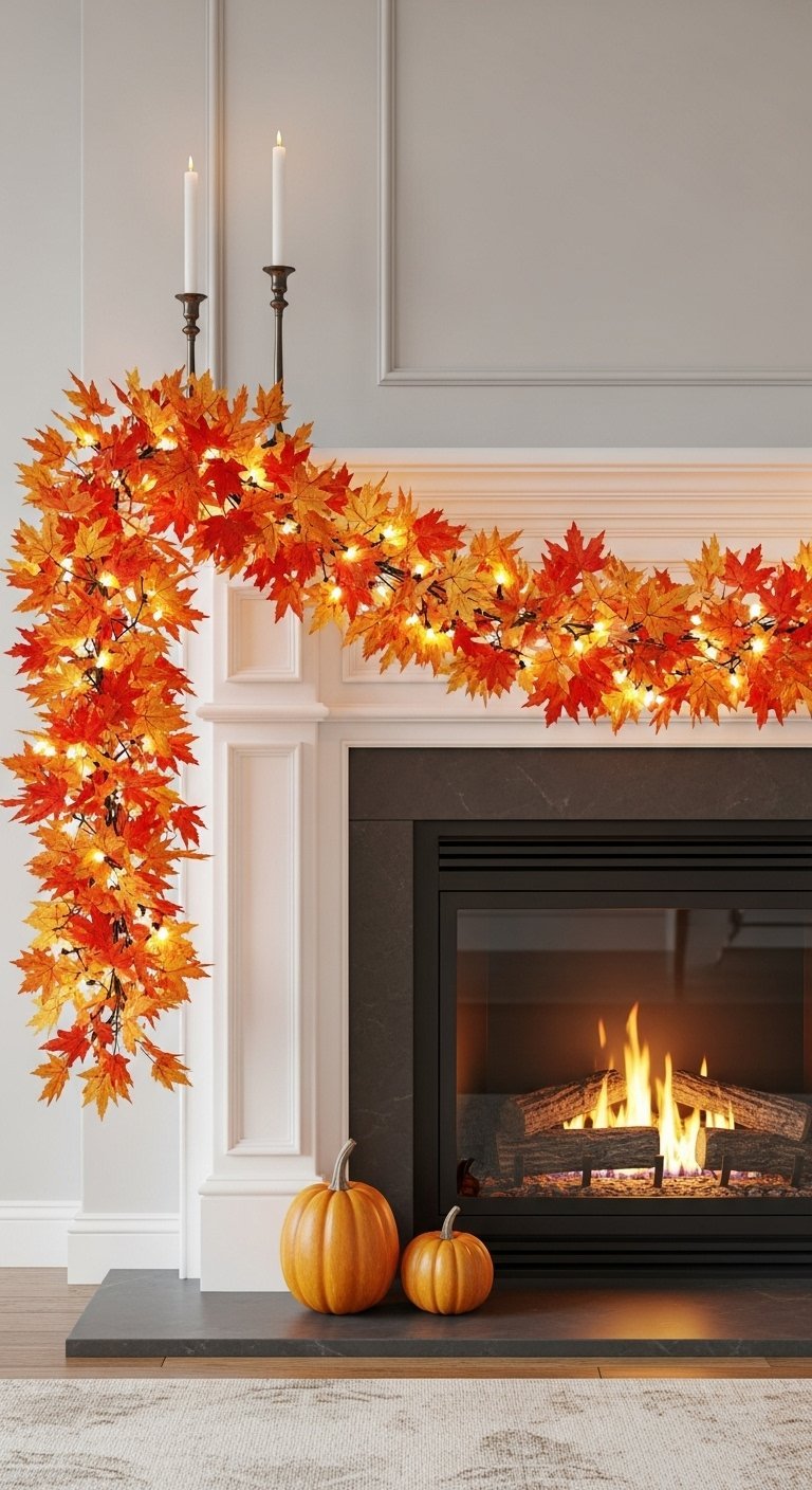 Cheminée blanche décorée d une guirlande de feuilles d érable lumineuses