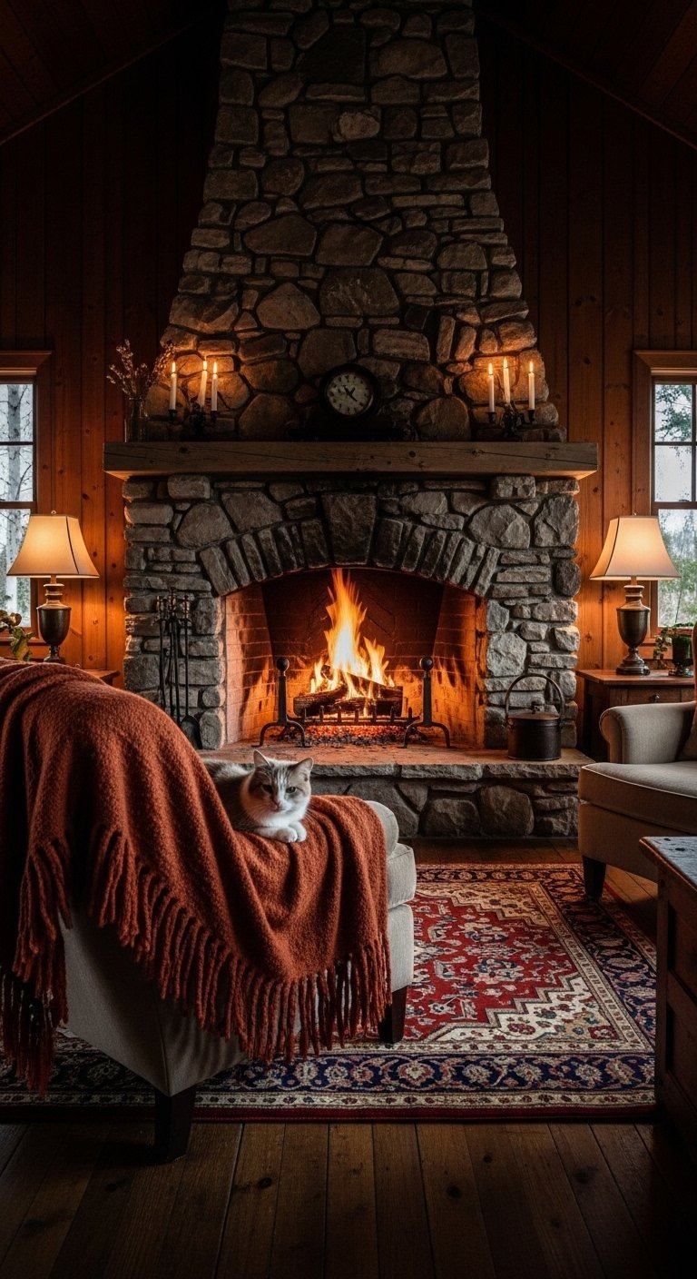 Cheminée rustique en pierre avec un feu et un chat sur un fauteuil